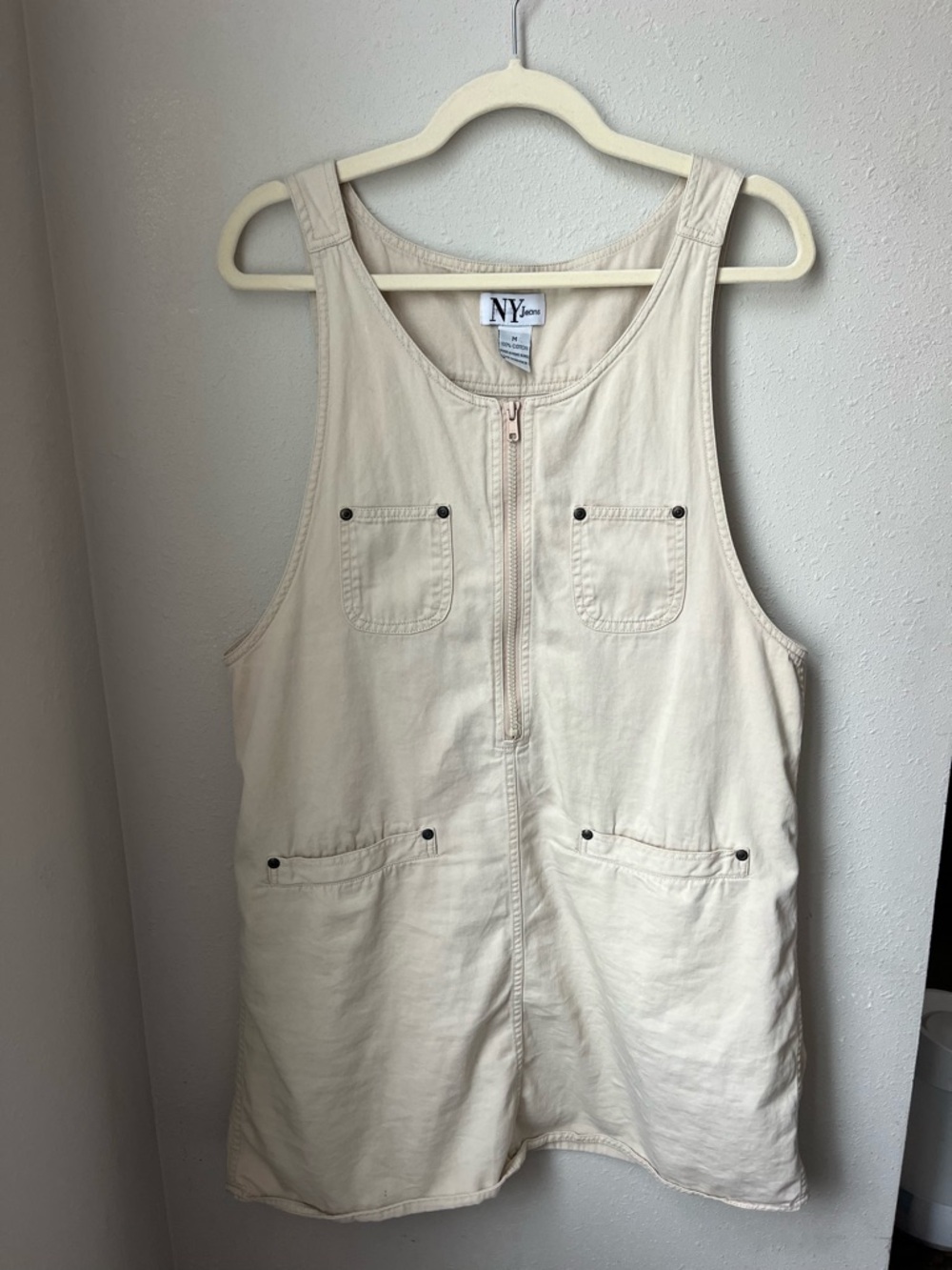 NY Jeans Cream Zip Front Utility Pinafore Dress